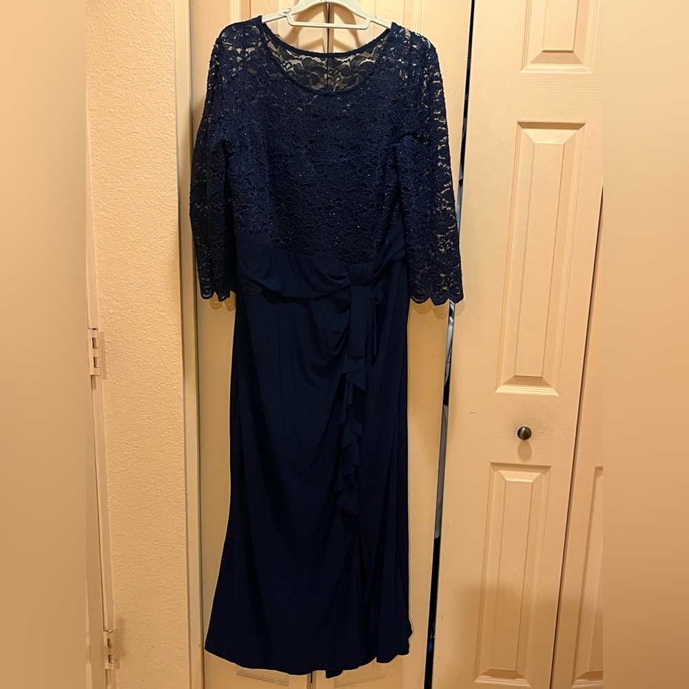 Marina evening formal dress. Cascade ruffle, lace sparkle bodice. Navy blue. 22 - Picture 4 of 16